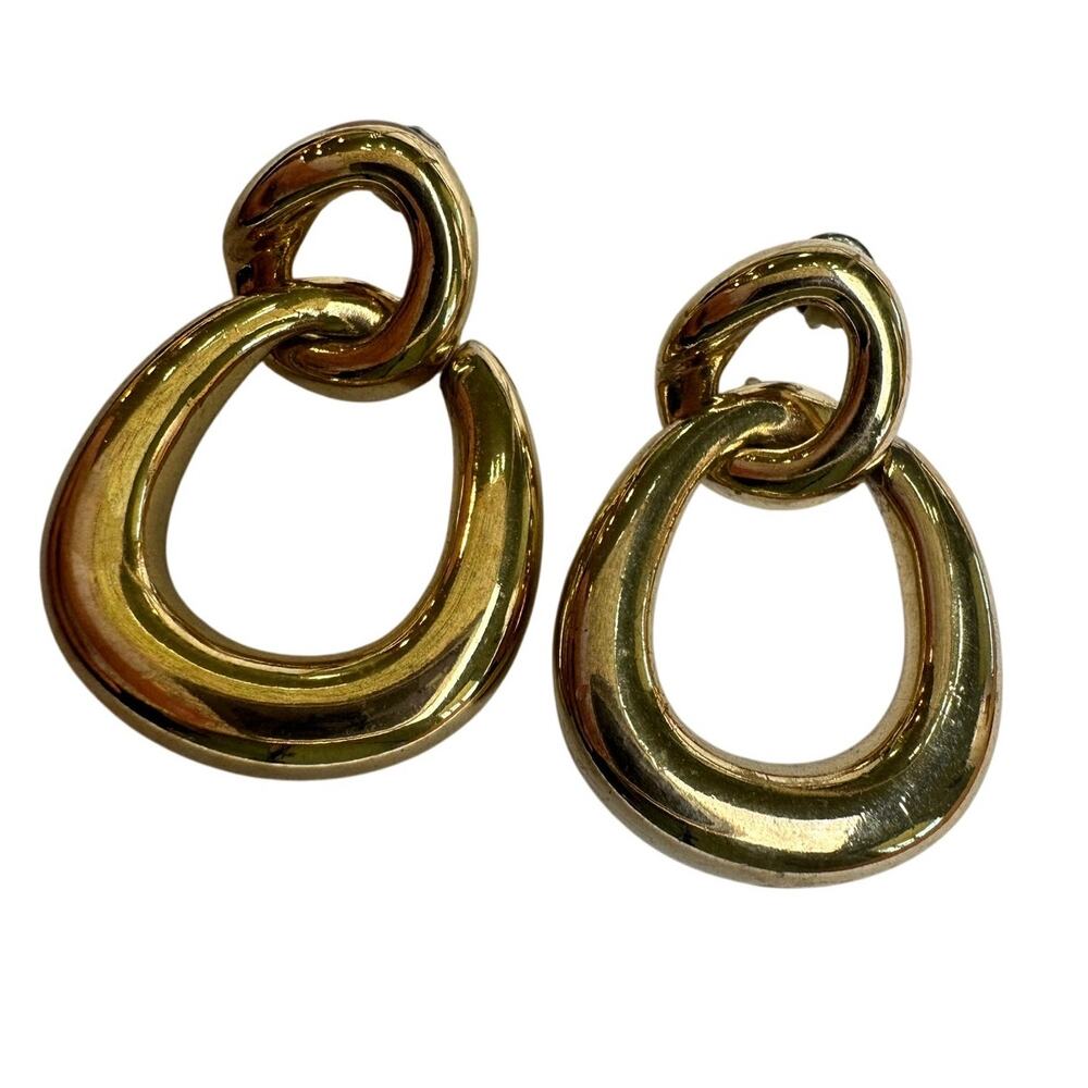 Vintage 80s Statement Stud Earrings Gold Double Hoops 1.25" Abstract Bold Glam